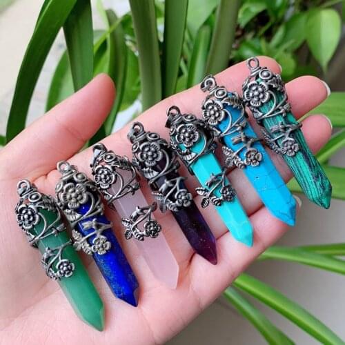 Flower Wrapped Natural Gems Stone Pendant Big Size Hexagonal Pendulum Amethysts Quartz Lapis Pink Crystal Pendants for Women Men