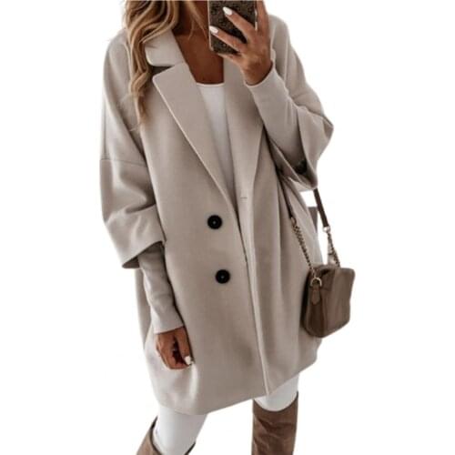 Dropshipping!! 3/4 Sleeve Two Buttons Women Coat Autumn Winter Lapel Side Pockets Long Warm Woolen Coat Outerwear