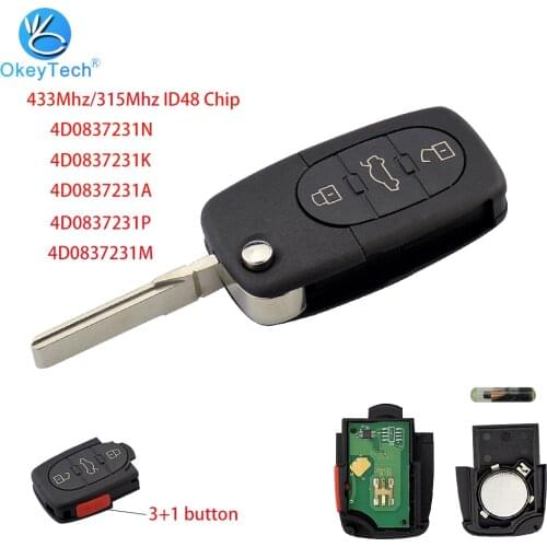 OkeyTech 433Mhz 3 4 Button Remote Control For Audi 315Mhz ID48 Chip Flip Folding Auto Car For Audi TT A4 A6 A8 4DO837231 P/M/K/A