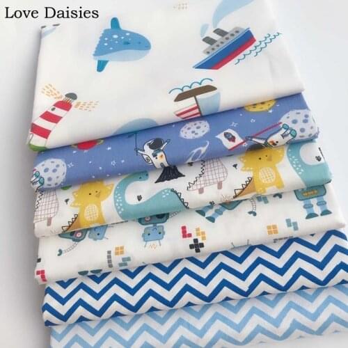 100% Cotton Twill Cloth BLUE Cartoon Ship Whale Outspace Dinosaur Robot Chevron Fabrics For DIY Crib Bedding Handwork Home Decor