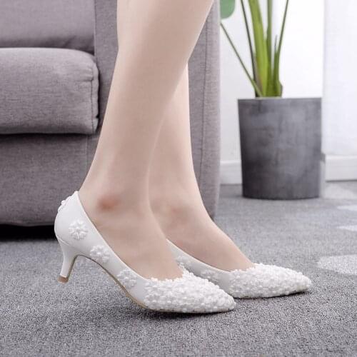 Women Wedding Shoes Bridesmaid Medium Lace Bride Female High Heels 5cm White Pumps