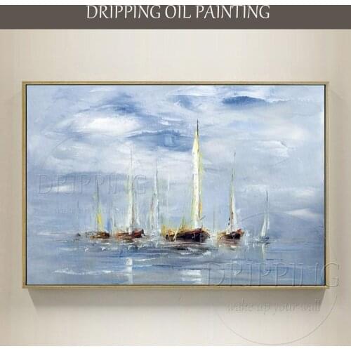 Excellent Artist Hand-painted High Quality Seascape Boat Oil Painting on Canvas Modern Wall Art Boat in Sea Oil Painting
