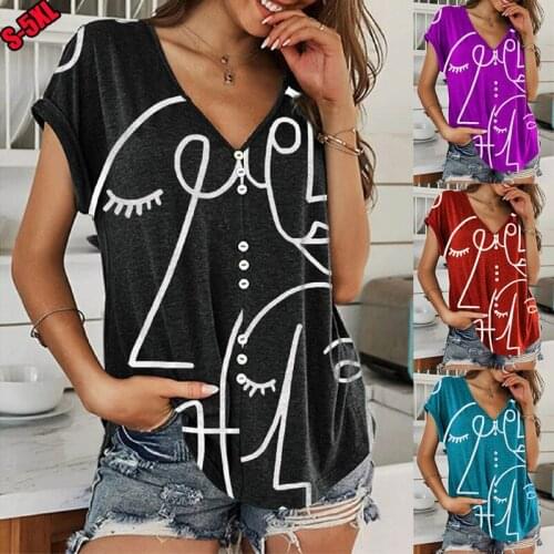 2021Women Loose V-Neck Short Sleeve T-shirt Summer Casual Sketch Print Tops Ladies Fashion Button Shirts Tops Plus Size Pullover