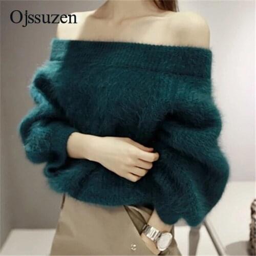 Slash Neck Mink Cashmere Sweaters White For Women Red Black Tops Clothing Winter Pullovers Womens Off Shoulder Knitwear Warm