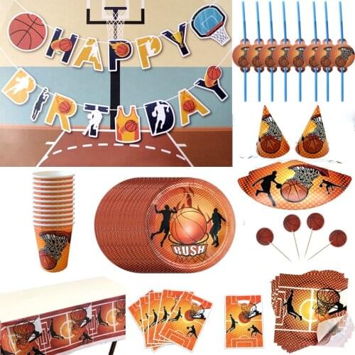 102pcs/lot Basketball Theme Cake Toppers Birthday Party Napkins Plates Cups Decorate Kids Favors Hats Gifts Bags Hanging Banner