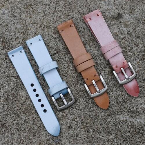 20mm 22mm Leather Watch Band Blue Brown Pink Red Color Handmade Watch Strap Band Silver Buckle