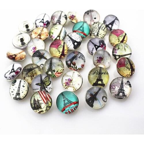 50pcs/lot Mix Glass Eiffel Tower Snap Buttons Diy 18mm Snap Jewelry Pendants Bracelet&Bangles Snaps Necklace Charms