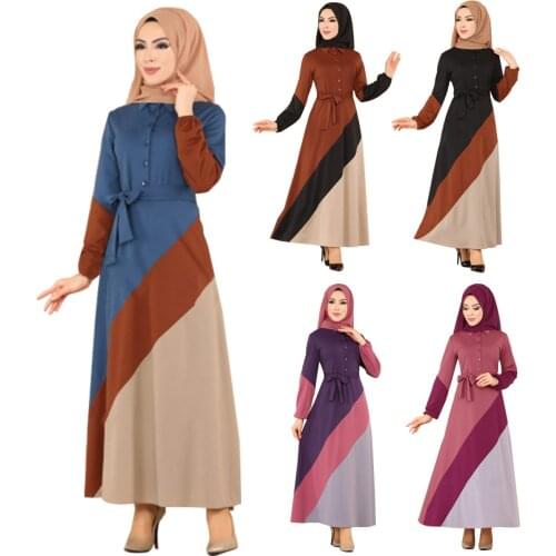 Abaya Dubai 2021 New Product Stitching Contrast Color Dress, Lapel Buttoned Lace Dress Without Headscarf Moroccan Caftan