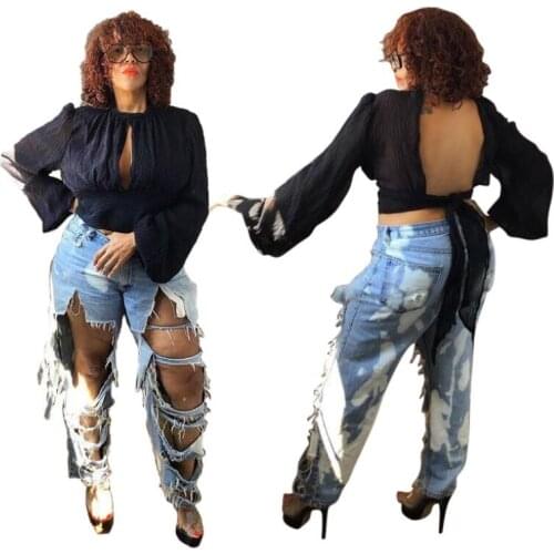 Africa Pants Light Loose Ripped Denim Pants Women Hollow Out Hole Jeans Female Whitening Straight Jean Women Pants Club Outfits