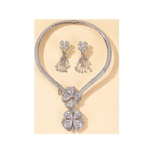 Brand Fine Custom Jewelry For Women Fan Wedding Crystal Party Jewelry Set Big Design Party Banquet Neckacle Earrings Set