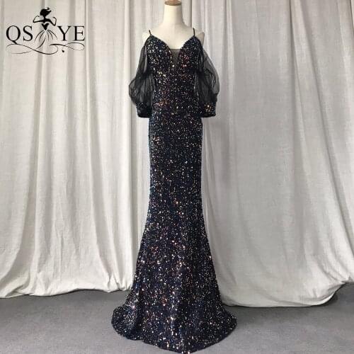Puffy Sleeves Black Evening Dresses Mermaid Sequin Prom Gown Spaghetti Straps Party Dress V Neck Formal Gown Women Dress Vestido