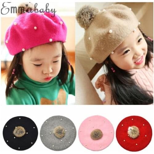 Kids Child Baby Girls Pearl Braid Beanie Hat Winter Warm Knit Fur Pom Bobble Cap