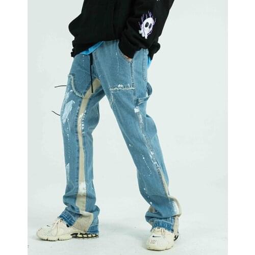 Color Block Painted Streetwear Drawstring Jeans Men Frayed Side Ribbon Loose Casual Denim Trousers Hip Hop Harajuku Couple Pants