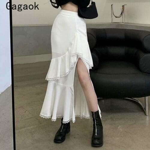 Gagaok Women White Skirt 2020 Spring Autumn New Solid Lace Empire Asymmetrical Clothing Sexy Wild Fashion Bodycon Vestidos