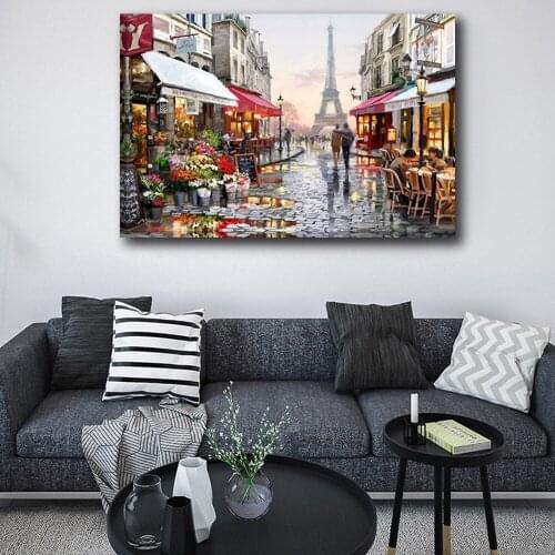 HD Spray Painting of The Eiffel Tower Couple Street Landscape Poster Living Room Home Decor Aesthetic Wall Art Canvas Pictures