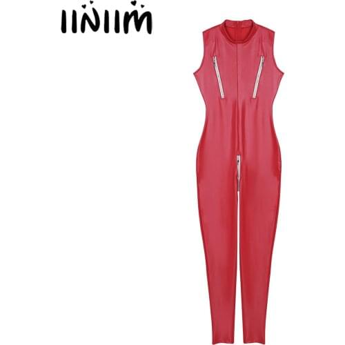 Hot Womens Wetlook Parties Clubwear Erotic Lingerie Bodystocking Leather Skinny Bodycon Zipper Bust Crotchless Bodysuit Costume