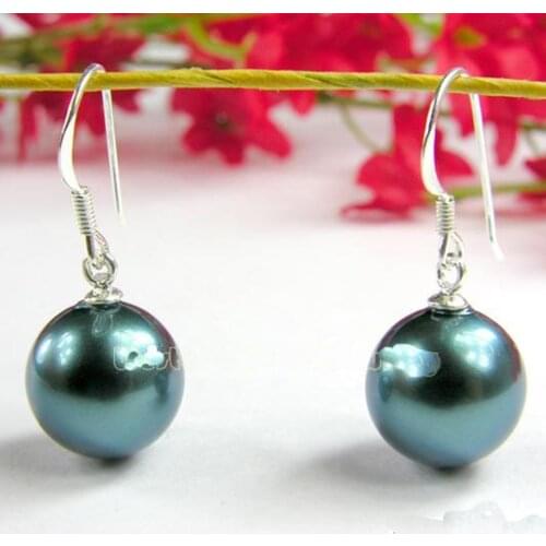 Hot Sale 12MM Blue Color Round Sea Shell Pearl Chandelier Dangle Earrings S925 Stering Silver Hook Fine Jewelry Nice Lady Gift