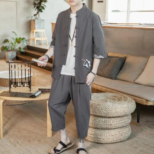 Chinese Style Mens Suit Crane Embroidery Coat + Pants Cotton Linen Zhongshan Suit Two Piece Set Japanese Kimono Plus Size