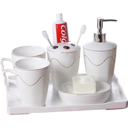 Bathroom Accessories Set White Ceramic Soap Dispenser Toothbrush Holder Gargle Cup Soap Dish With Tray Wedding Gifts 5-6 Pieces