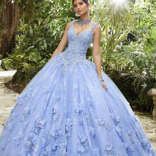 Sky Blue Cheap Quinceanera Dresses Ball Gown Spaghetti Straps Tulle Appliques Beaded Puffy Sweet 16 Dresses