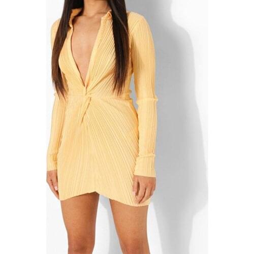 2021 Summer New Polo Neck Dress Deep V-neck Solid Color Long-sleeved Pleated Stitching Tight Party Slim Fit Elegant Dresses