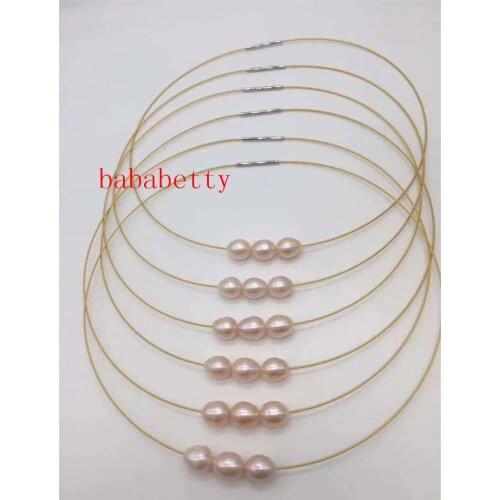 New Natural Freshwater Pearl Rice Shape Pink 10-11MM Steel Necklace 1PCS