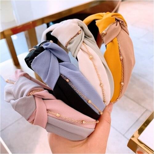 New Arrival Simple Trendy Gold Chain Knot Headband Plain Color Twill Fabric Wide Cross Hairband Women Hair Accessories Hairbands