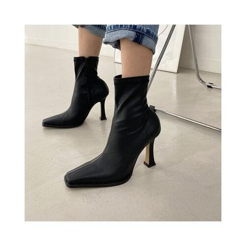Autumn Winter Designer Ladies Chic Fashion High Heels Stretch Leather Short Sock Boots Square Toe Black Slim Botas Mujer
