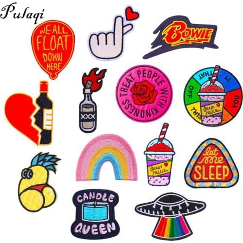 Pulaqi Cartoon Wine Bottle Coffee Embroidery Patches For Clothing Iron On Patches On Clothes Balloon Patch Stripes DIY Appliques