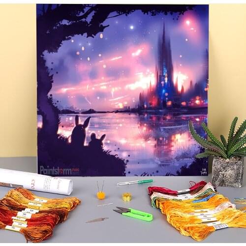 Scenery Night City Printed Water-Soluble Canvas 11CT Cross Stitch Set Embroidery DMC Threads Painting Hobby Needle