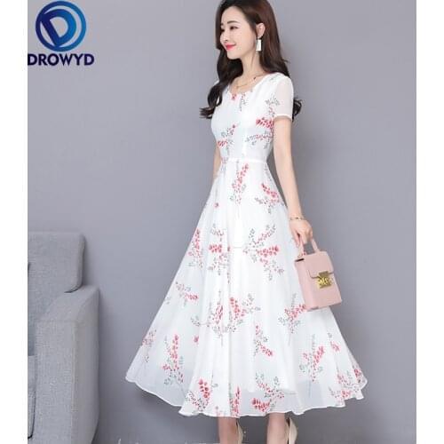 Summer Floral Print Big Swing High Waist Slim Short Sleeve O-Neck Ankle-Length A-Line White Chiffon Women Midi Dresses Vestidos