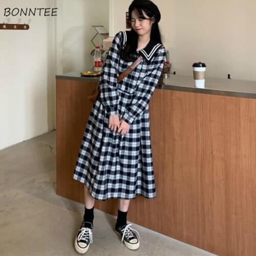 Long Sleeve Dress Women Plaid Sailor Collar Mid-calf Single Breasted Lace-up A-line High Waist Preppy Style Students Retro Loose