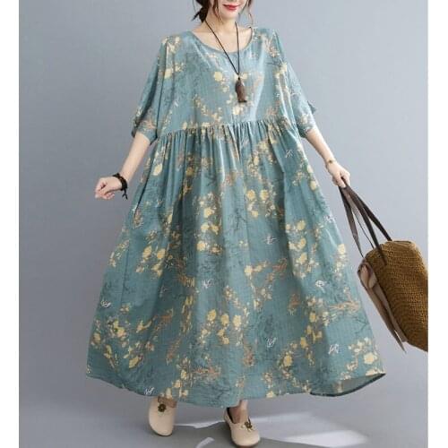 Plus Size 4XL 5XL 6XL Summer Dress Women Oversize Beach Flowers Style Long Dress Elegant 2021 Cotton Linen Boho Vestidos Robe