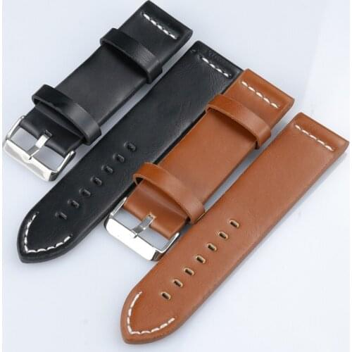 Watch Band Black 24mm brown for men Genuine Leather With silver Buckle Strap Accessories For Simple thick strap replacement