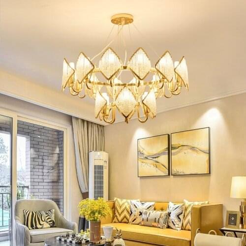 Living Room Luxury E14 Led Pendant Lights Lustre Plated Shiny Gold Metal Hanging Lamp Villa Stairs K9 Crystal Shades Lamparas