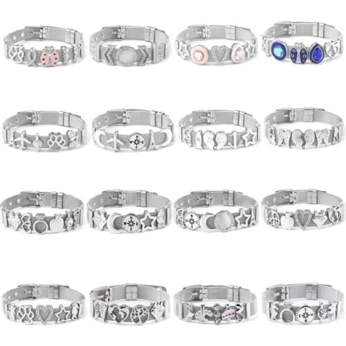 Silver Plated 10mm Stainless Steel Keeper Mesh Bracelet Set With Shinning Crown Charms Slide Bads For Women Jewelry Gift