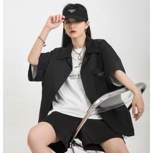 Womens 2 Pieces Short Sleeve Shirt Sets for 2021 Summer Fashion Oversized Streetwear Girls Loose Button Blouse and Casual Shorts