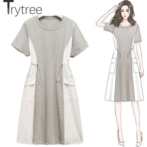 Trytree 2021 Summer Womens Dresses Casual O-Neck Cotton Blend Patchwork 2 Colors Drawstring Pockets Loose Soft Knee-Length Dress