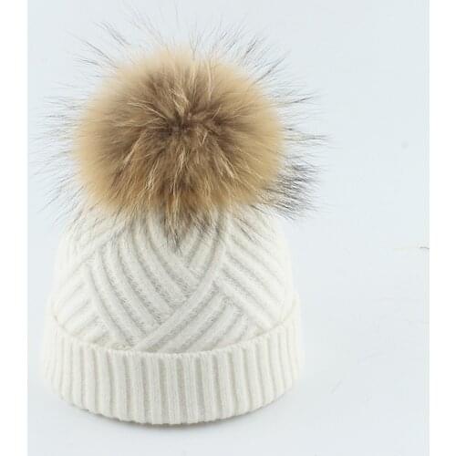 Winter Hat Pompom Baby Boy Girl Knit Beanie Angora Real Raccoon Fur Autumn Warm Outdoor Skiing Accessory