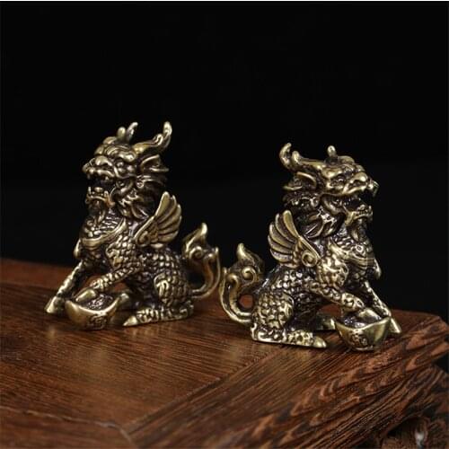 Antique Bronze Chinese Mythical Beast Qi Lin Statue 1 pair Copper Animal Ornaments Lucky Home Feng Shui Living Room Decorations