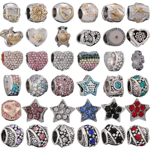 2Pcs/Lot Fit Original Brand Charm Bracelet Necklace DIY Women Jewelry New Silver Color Bead Color Heart Dangle Gifts