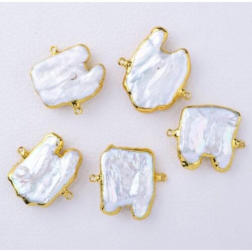 5pcs Freshwater Cultured White Keshi Pearl Pendant Double Ring Metal Bezel Connector