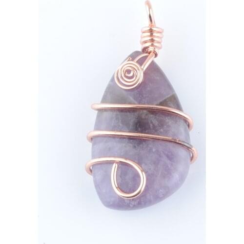 6Pcs/lot Natural Stone Amethyst Copper Wire Wrap Pendant Irregular Geometric Bead Rose Gold Color Dangle Charms Jewelry QN4170