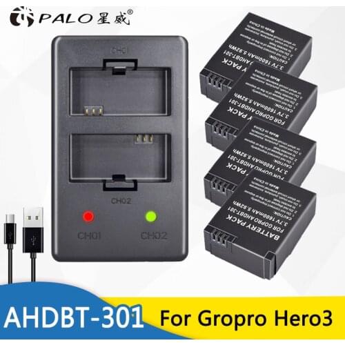 Palo battery 4Pcs 1600mAh AHDBT-301 GoPro Hero3 Rechargeable Digital Battery + LED Dual Charger For GoPro Hero 3 Hero 3+ camera