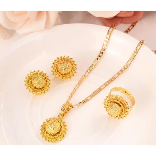 Bangrui Ethiopian Gold Color Necklace Pendant Earrings Ring Habesha Wedding Eritrea Africa Arab partyGift