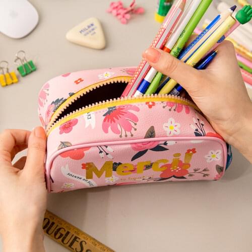 Fromthenon Flowers Leather Pencil Case for Girls Pen Kawaii Bags Kids Makeup Cosmetic Cases for School Stationery Store