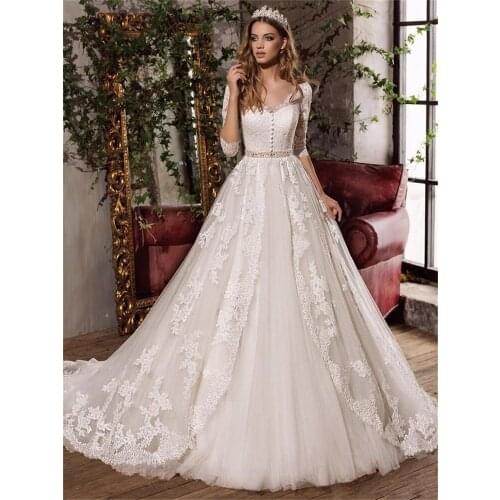 Lace 3/4 Sleeve Long Sleeves Buttons Front Wedding Dresses with Beading Sash Ball Gown Floor Length Applique Lace Bridal Gowns