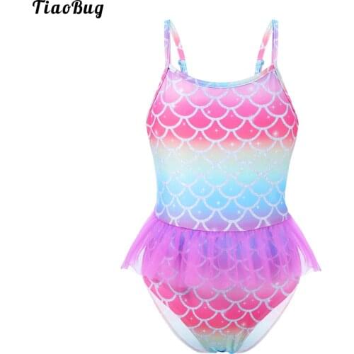 TiaoBug Summer Kids Girls Mermaid One-Piece Swimming Bodysuit Swimwear Adjustable Spaghetti Straps Mesh Hem Swimsuit Bikini