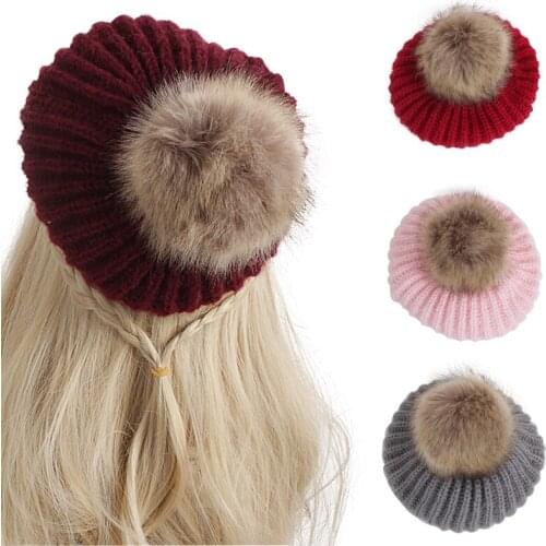 Toddler Girl Cute Ribbed Knit Lovely Beanie Cap Beret Hat Winter Warm Knit Wool Hat with Detachable Furry Balls Fur Pompom