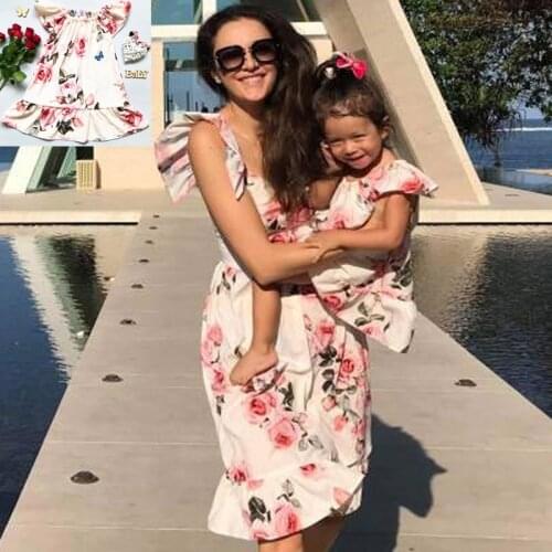 New Family Matching Mom And Daughter Clothes Mom Dress Kids Falbala Sleeveless Dress Flower Mommy And Me Mother Daughter Dresses